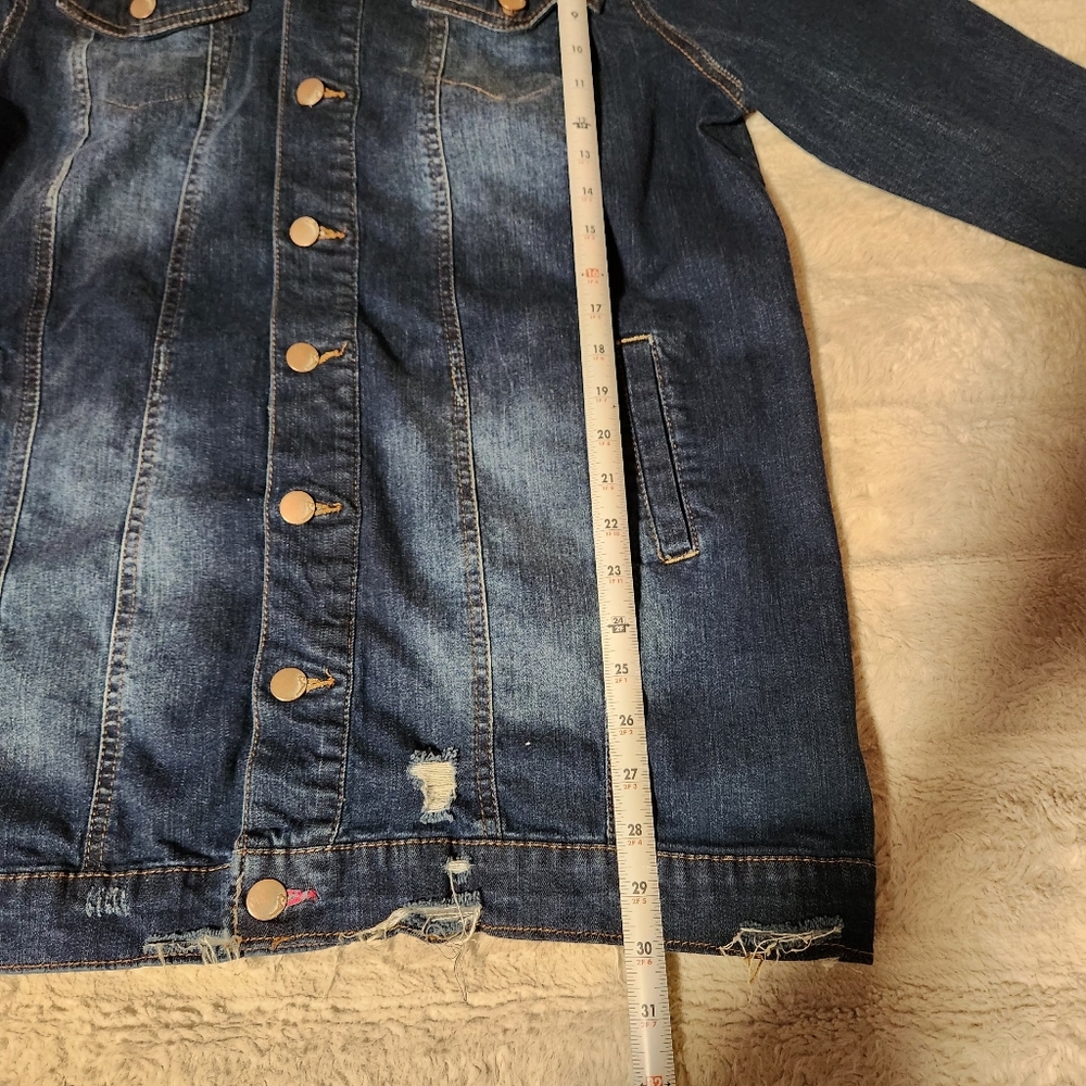 Dollhouse Womens Sz 1X Denim Jacket Blue Distressed Dark Wash Stretch Pockets - Picture 3 of 14